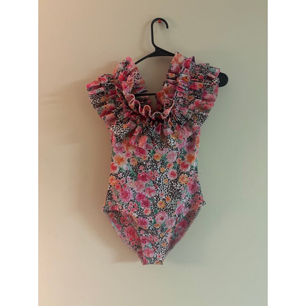 BMG off The Shoulder One Piece Swim Suit Pink Flowers Ruffles Animal Print M